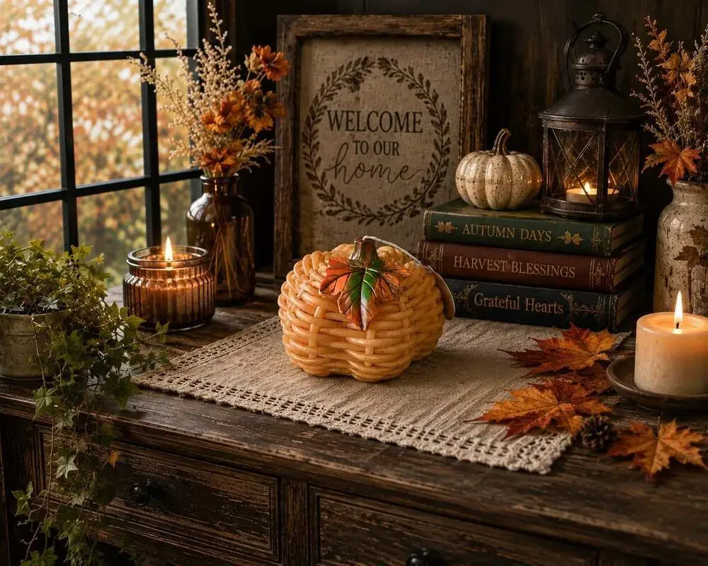 New Martha Stewart Brown Wicker Rattan Pumpkin Halloween Candle Decorations